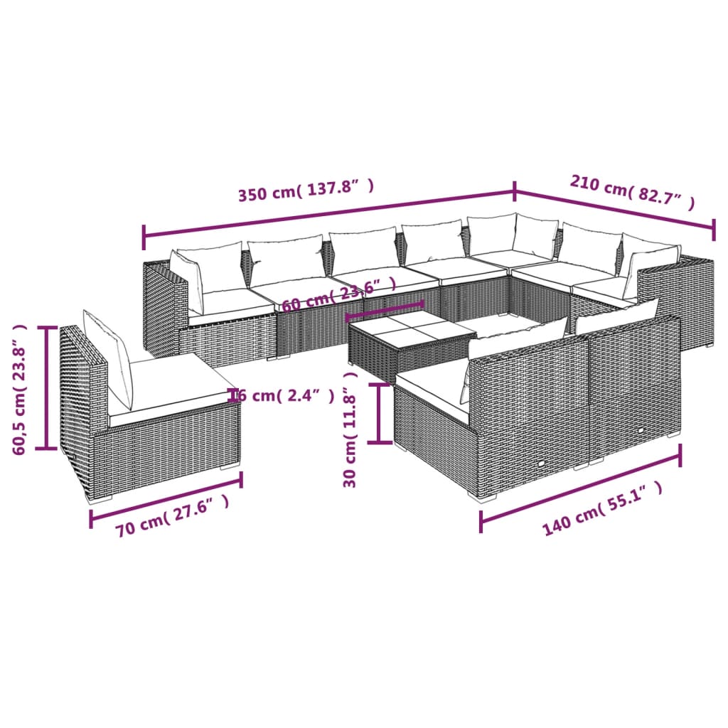 11-tlg. Garten-Lounge-Set mit Kissen Poly Rattan Braun