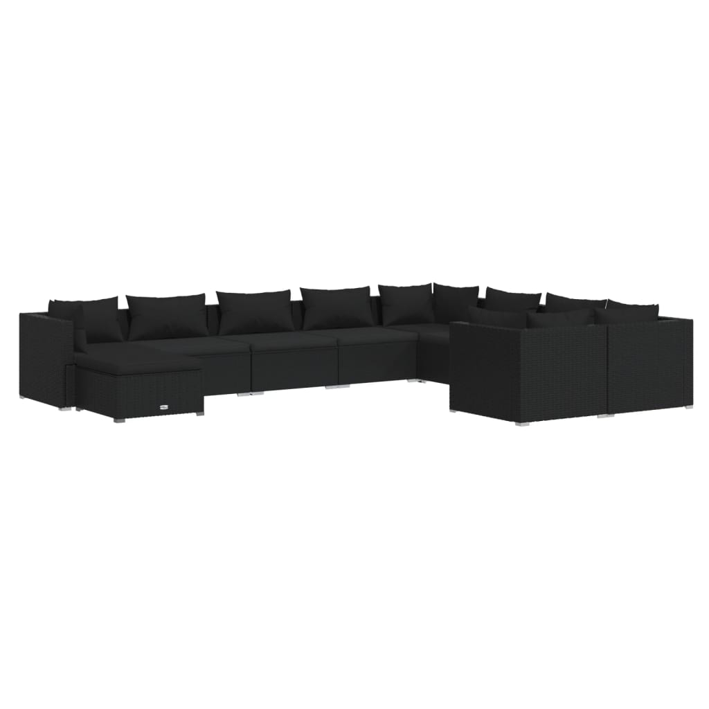 10-tlg. Garten-Lounge-Set mit Kissen Poly Rattan Schwarz