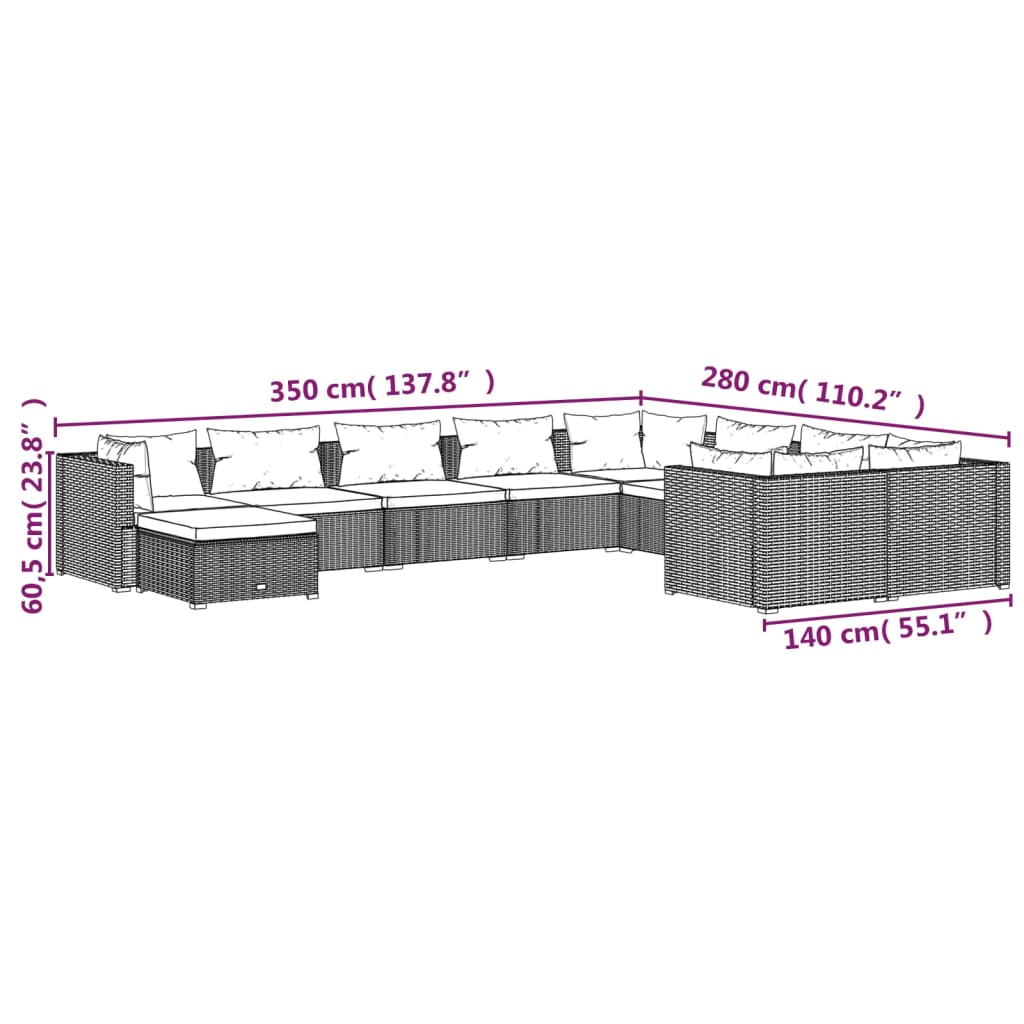 10-tlg. Garten-Lounge-Set mit Kissen Poly Rattan Schwarz