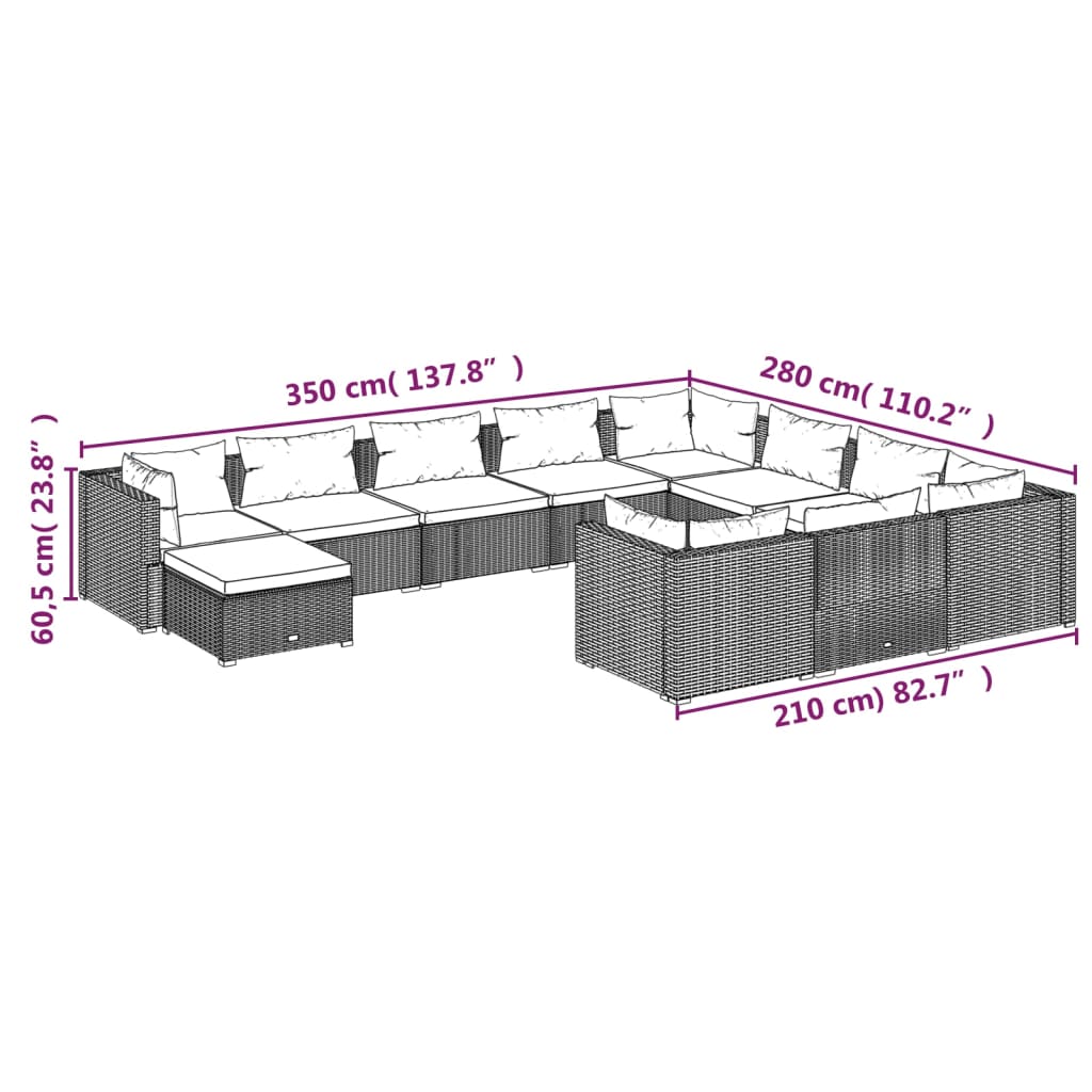 11-tlg. Garten-Lounge-Set mit Kissen Poly Rattan Braun
