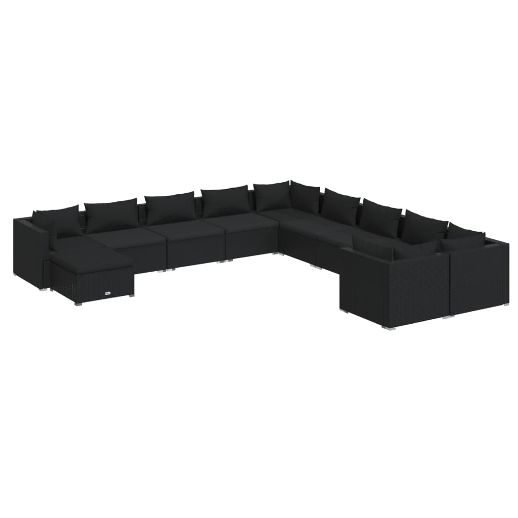 11-tlg. Garten-Lounge-Set mit Kissen Poly Rattan Schwarz