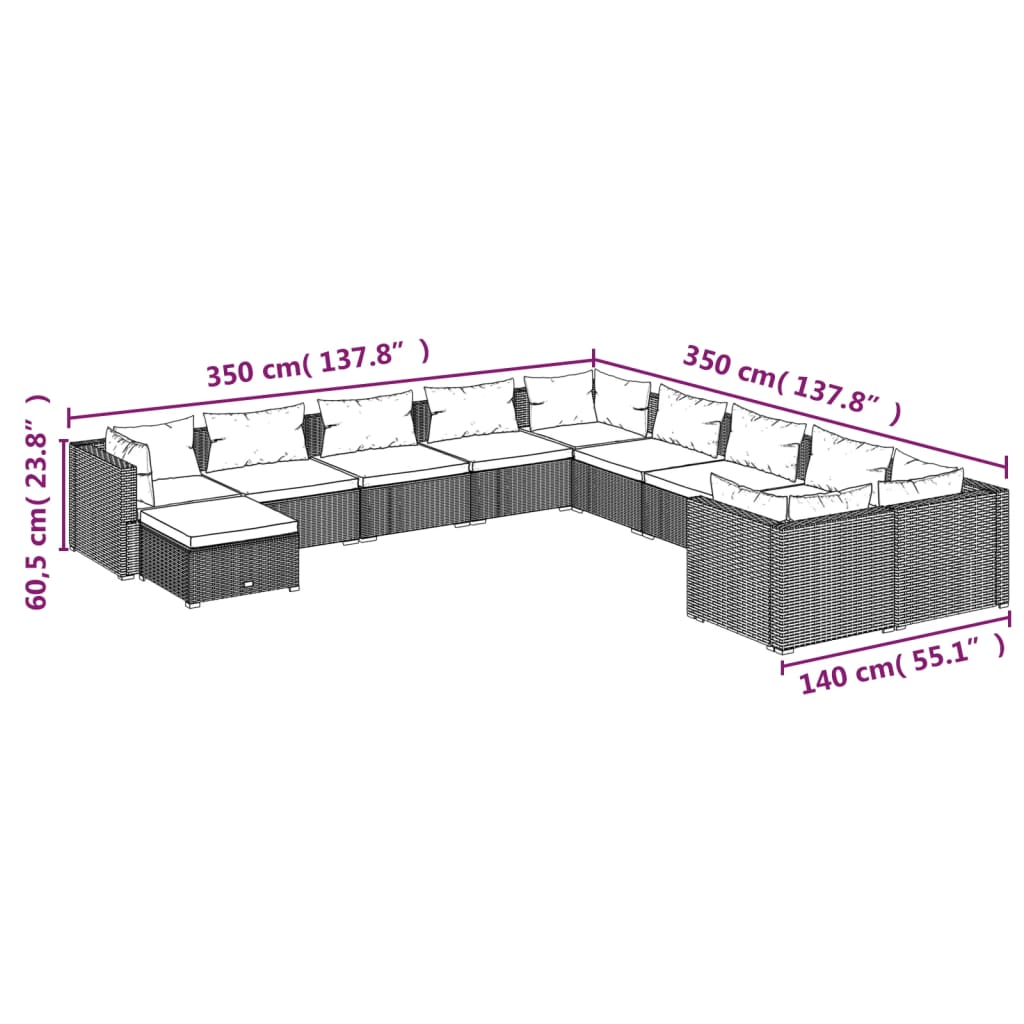 11-tlg. Garten-Lounge-Set mit Kissen Poly Rattan Schwarz