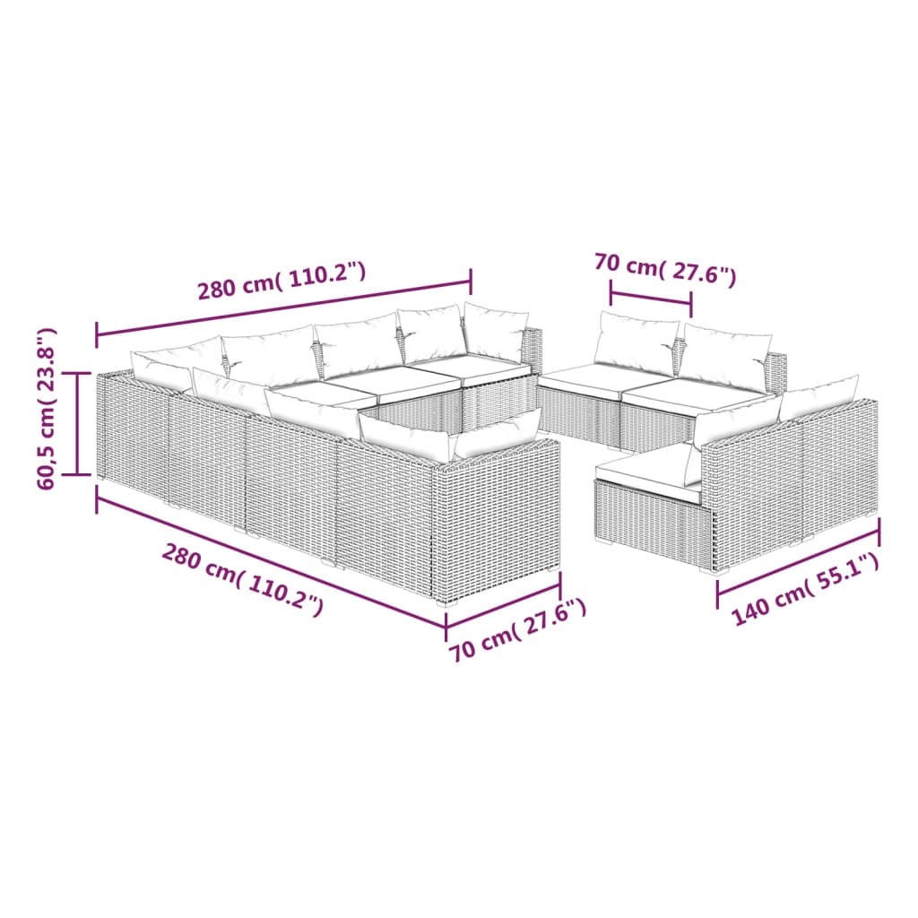 11-tlg. Garten-Lounge-Set mit Kissen Schwarz Poly Rattan