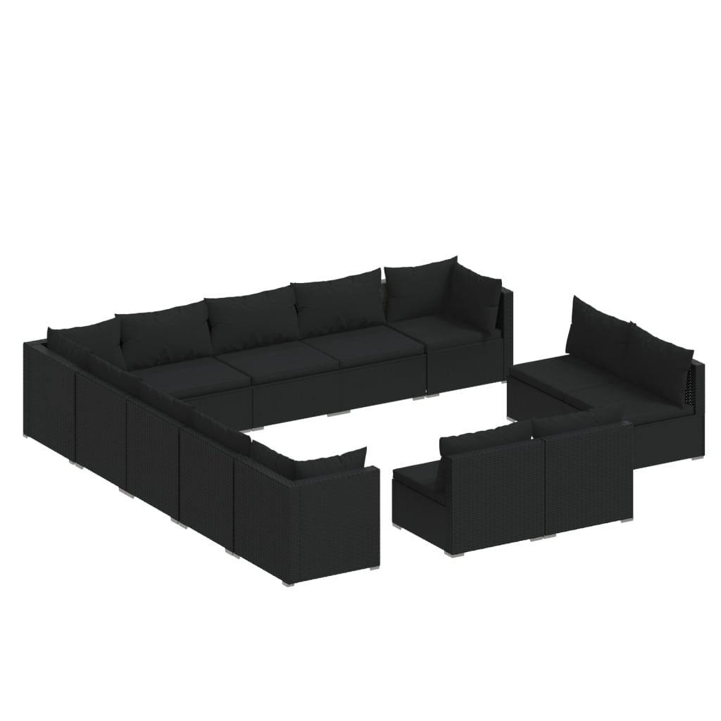 13-tlg. Garten-Lounge-Set mit Kissen Schwarz Poly Rattan