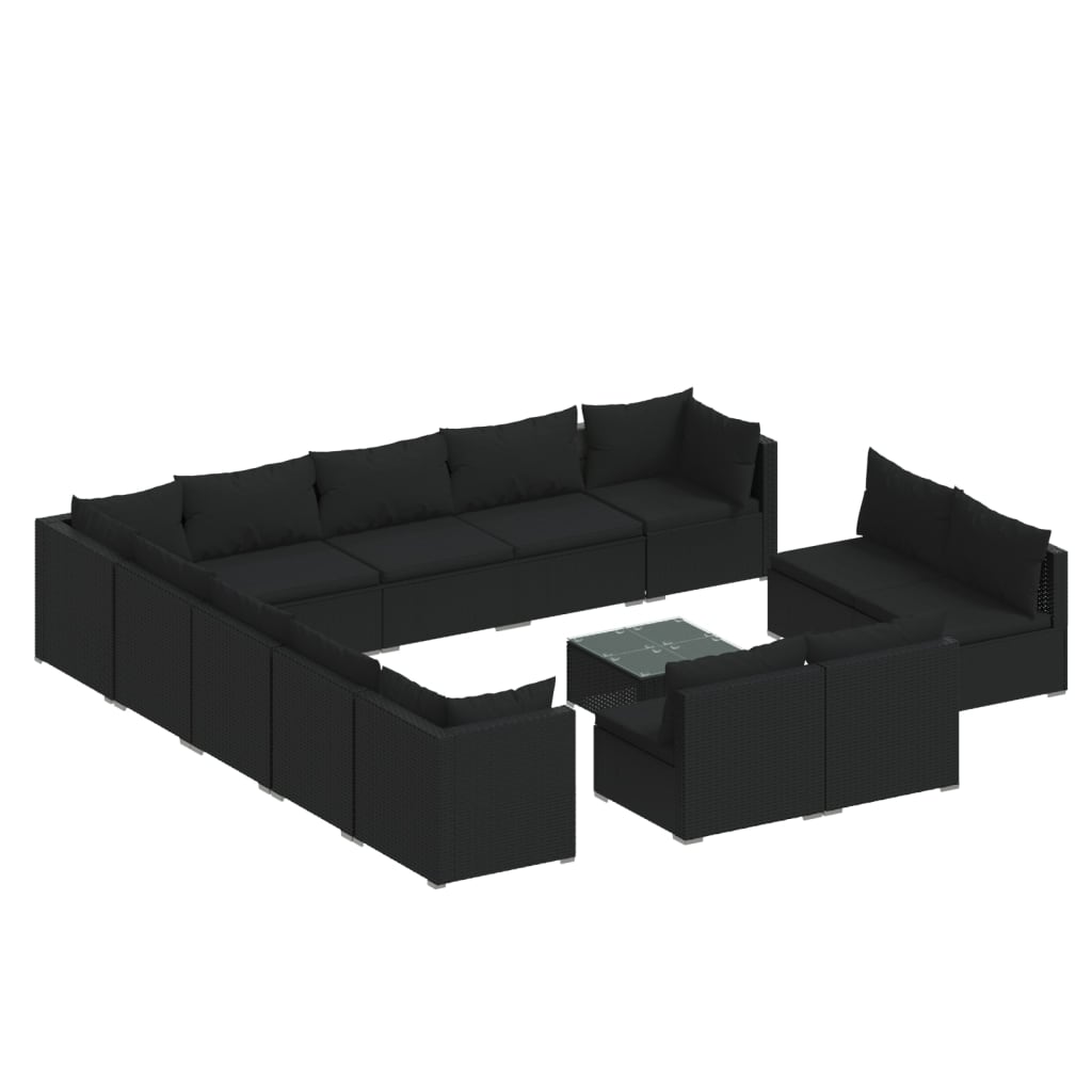 14-tlg. Garten-Lounge-Set mit Kissen Schwarz Poly Rattan