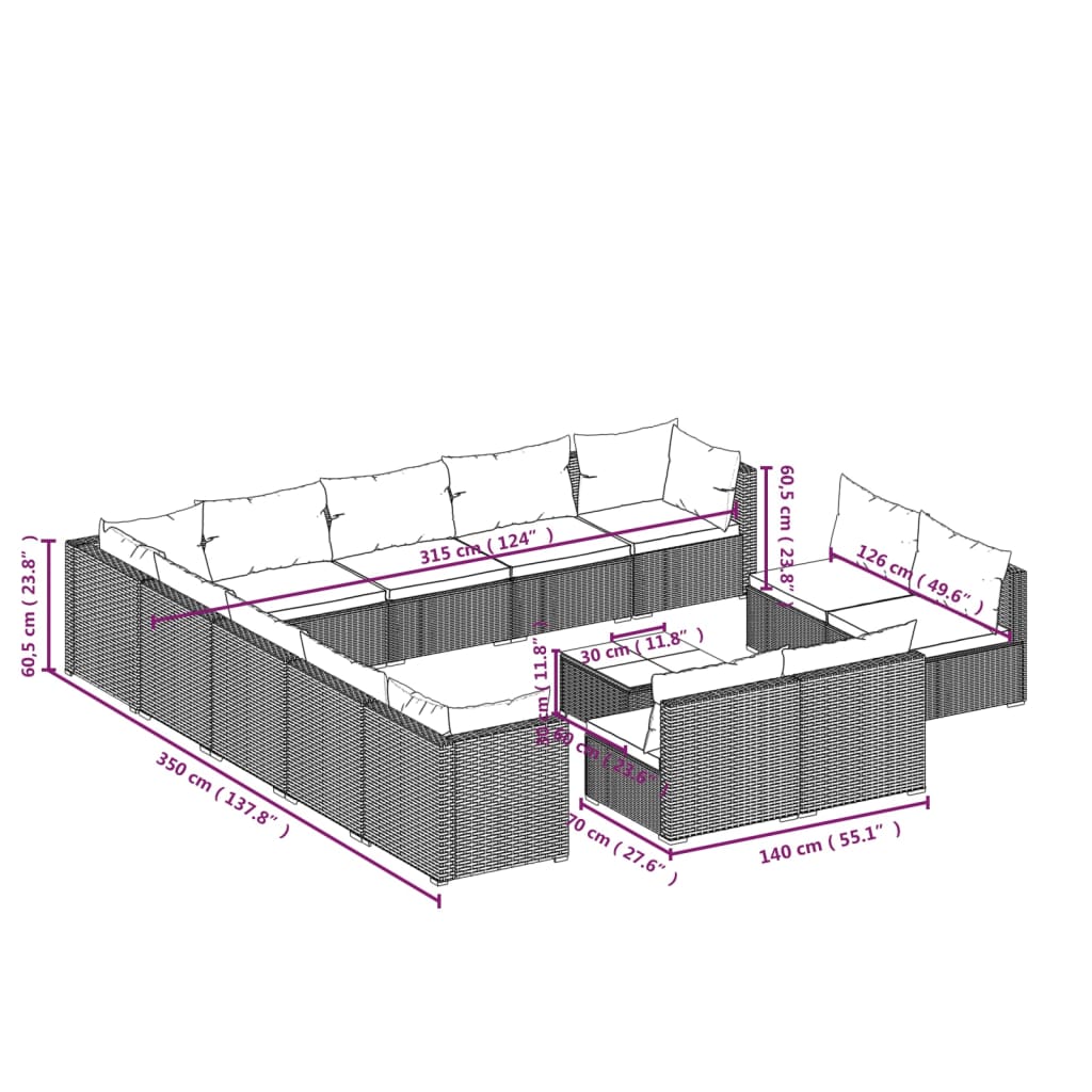 14-tlg. Garten-Lounge-Set mit Kissen Schwarz Poly Rattan