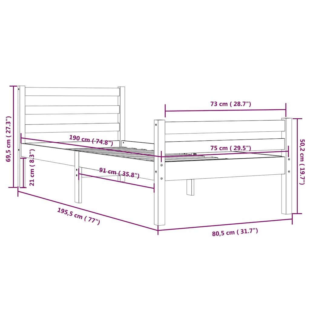 Massivholzbett ohne Matratze Honigbraun 75x190 cm