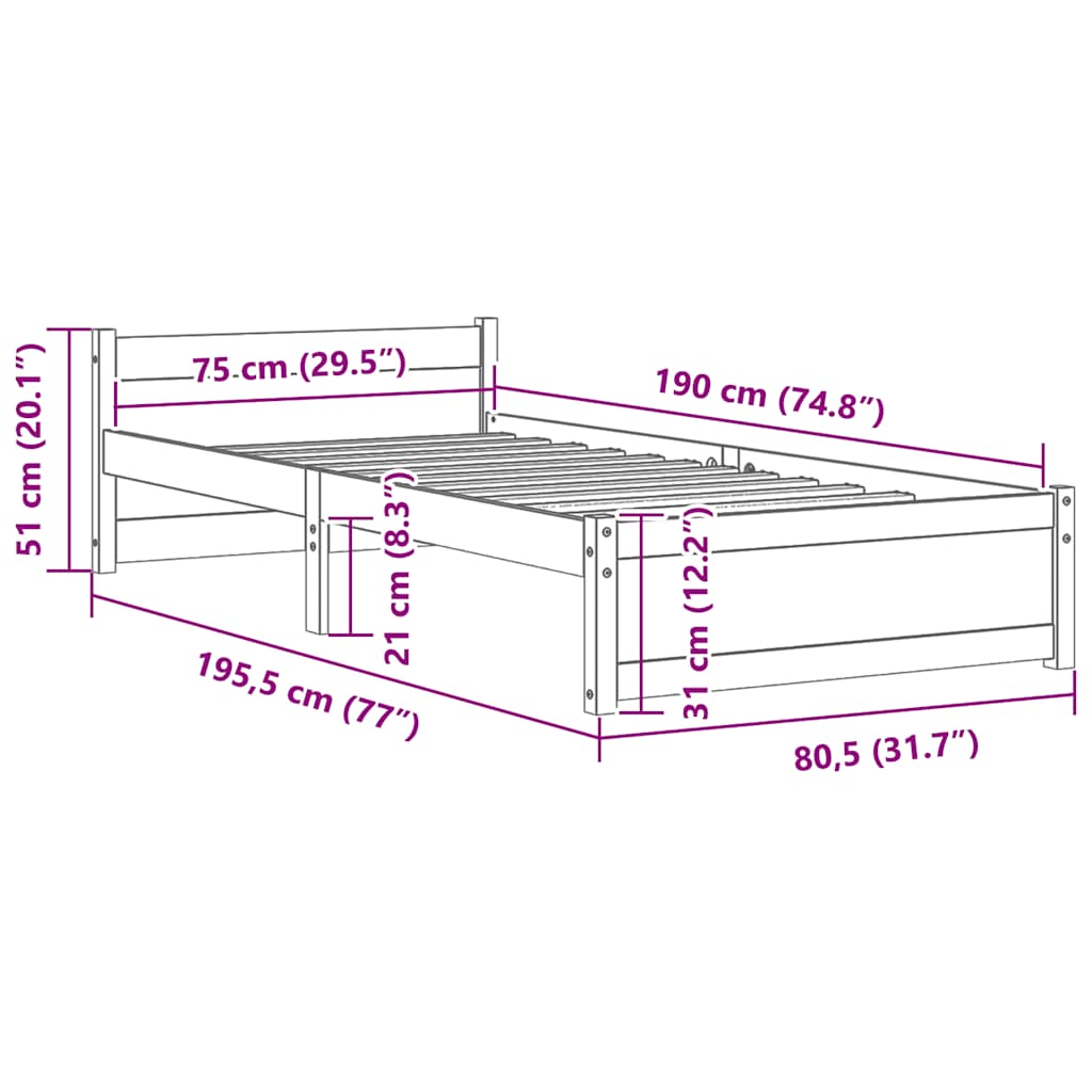 Massivholzbett ohne Matratze 75x190 cm