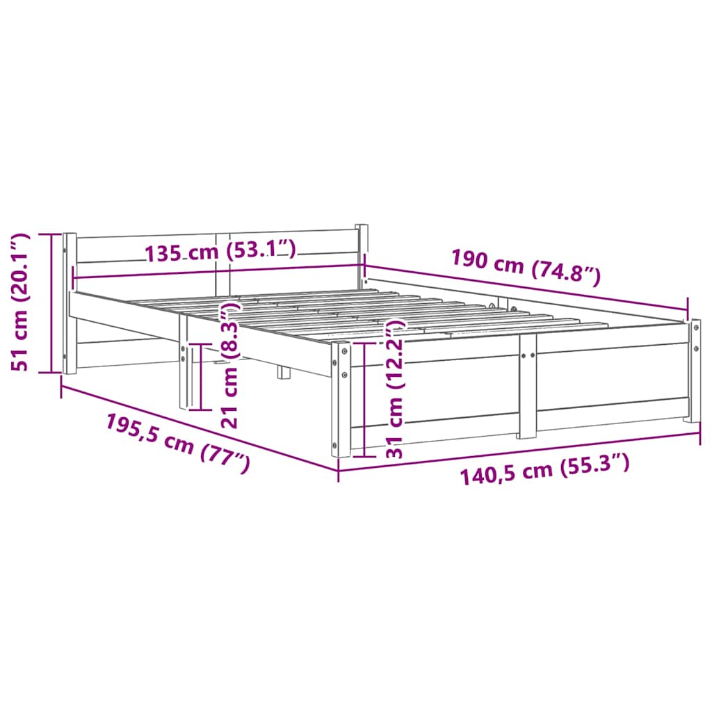 Massivholzbett Grau 135x190 cm
