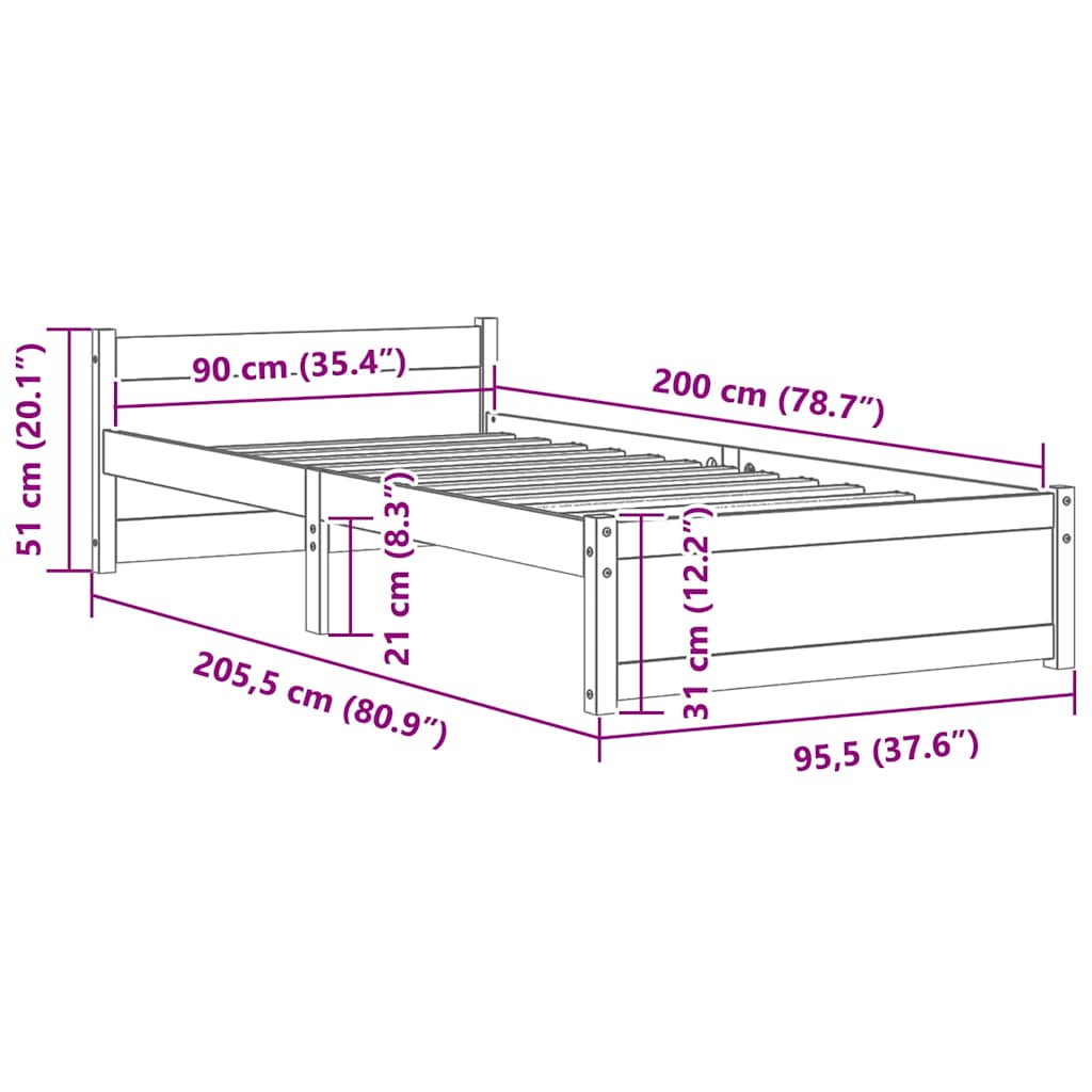 Massivholzbett Schwarz 90x200 cm
