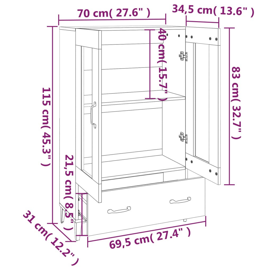 Highboard Weiß 70x31x115 cm Holzwerkstoff
