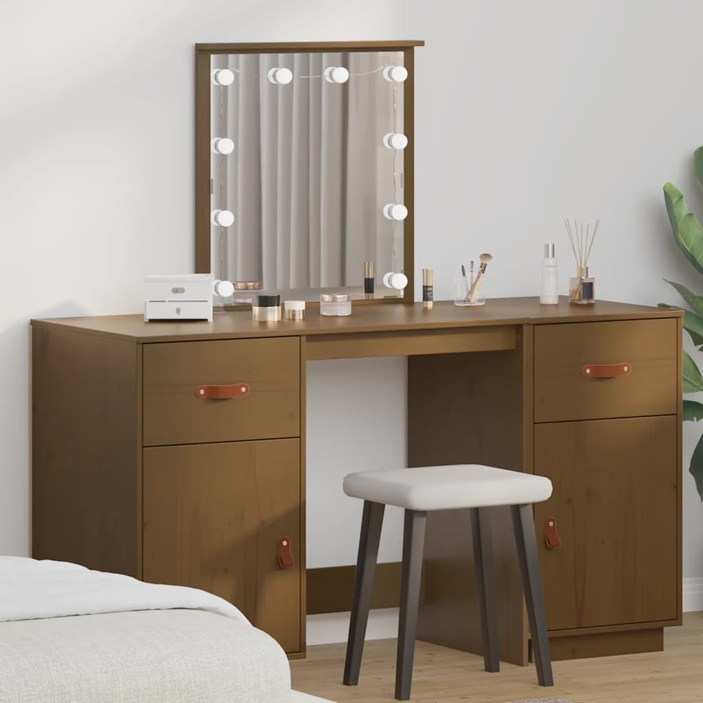 Schminktisch-Set mit LED Honigbraun Massivholz Kiefer