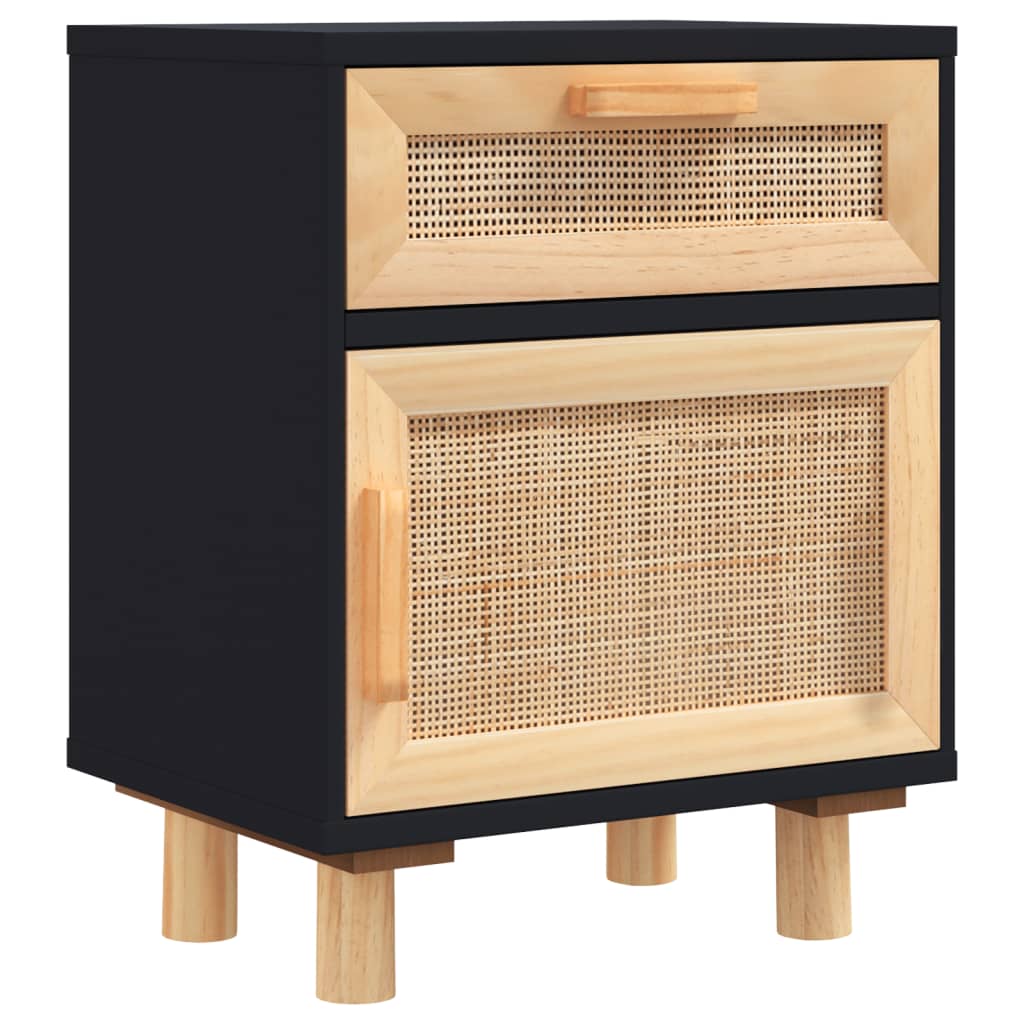 Nachttisch Schwarz Massivholz Kiefer und Natur-Rattan