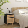 Nachttisch Schwarz Massivholz Kiefer und Natur-Rattan