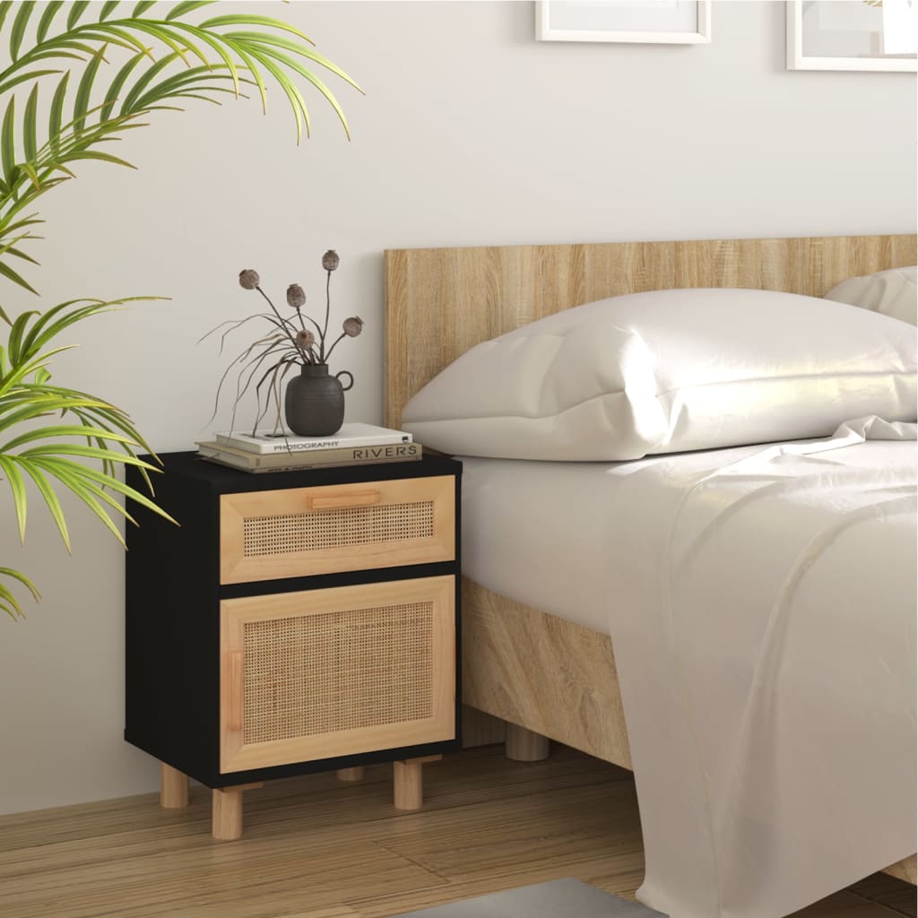 Nachttisch Schwarz Massivholz Kiefer und Natur-Rattan