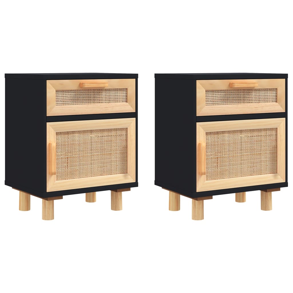 Nachttische 2 Stk. Schwarz Massivholz Kiefer und Natur-Rattan