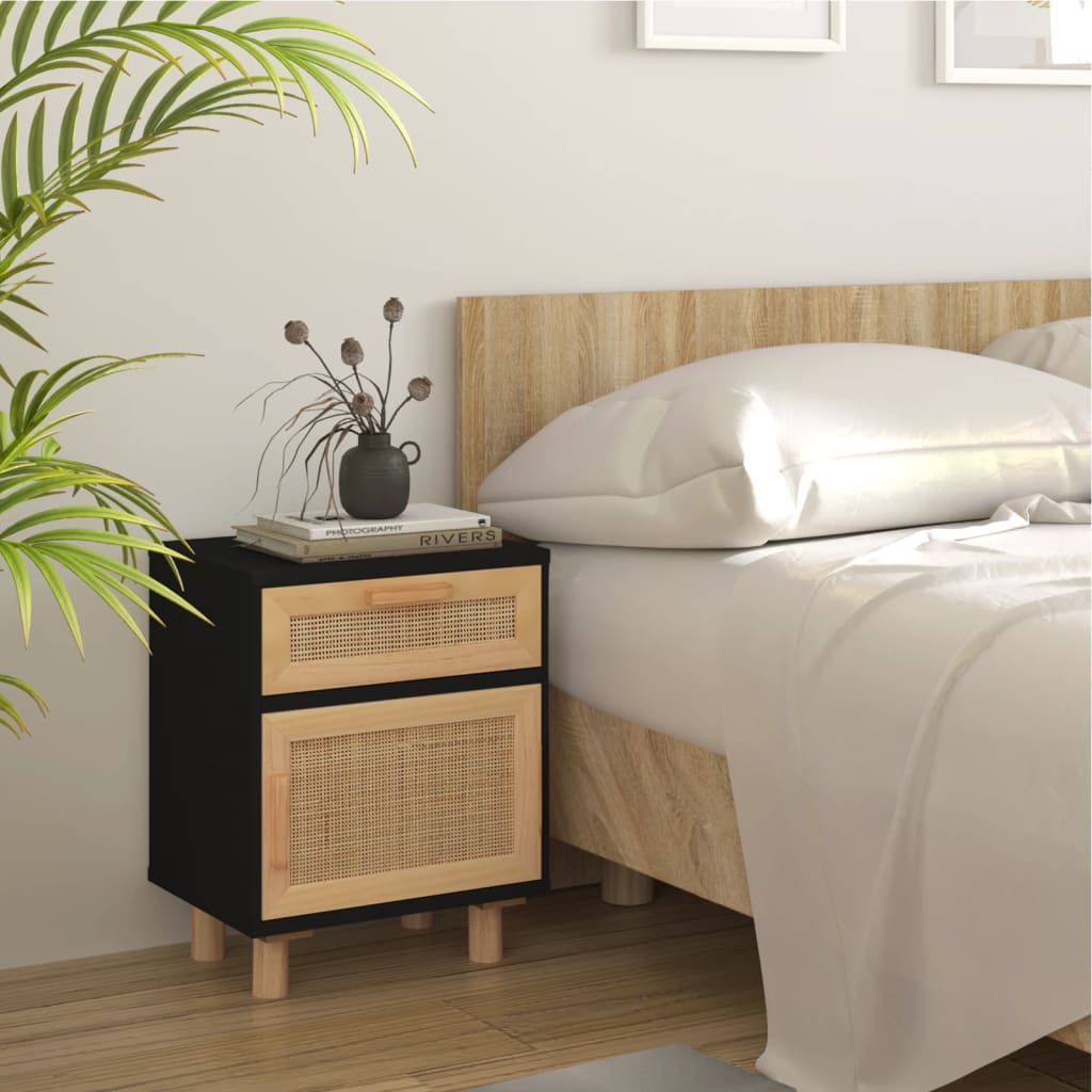 Nachttische 2 Stk. Schwarz Massivholz Kiefer und Natur-Rattan