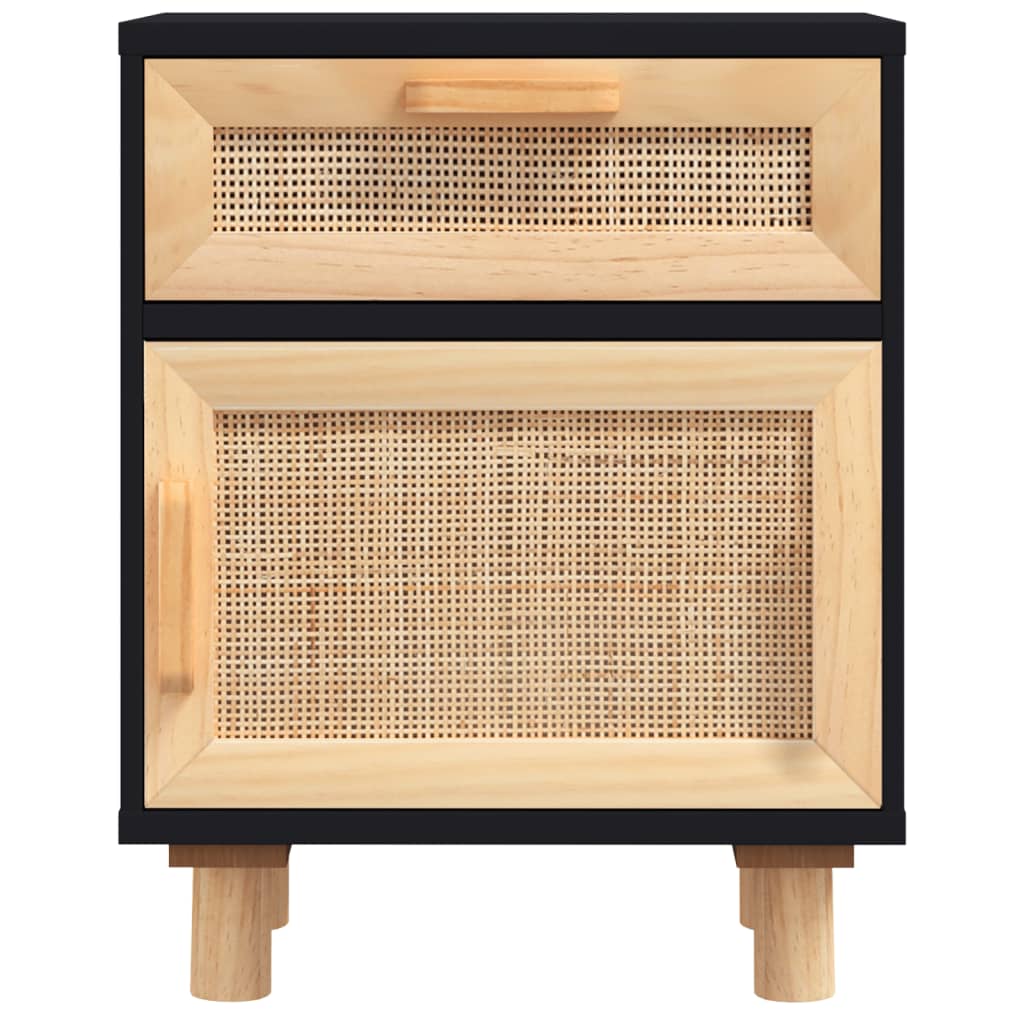 Nachttische 2 Stk. Schwarz Massivholz Kiefer und Natur-Rattan