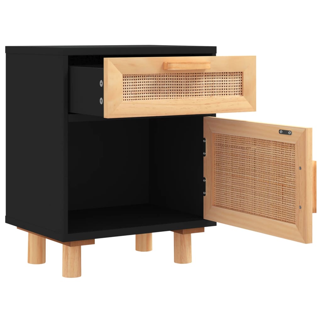 Nachttische 2 Stk. Schwarz Massivholz Kiefer und Natur-Rattan