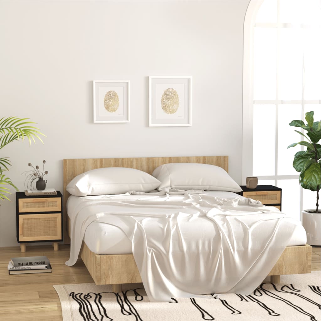 Nachttische 2 Stk. Schwarz Massivholz Kiefer und Natur-Rattan