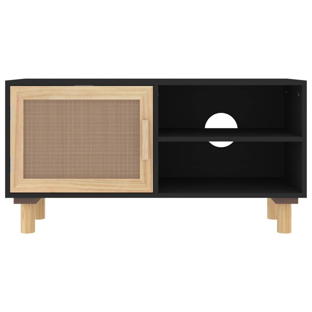 TV-Schrank Schwarz 80x30x40 cm Massivholz Kiefer Natur-Rattan