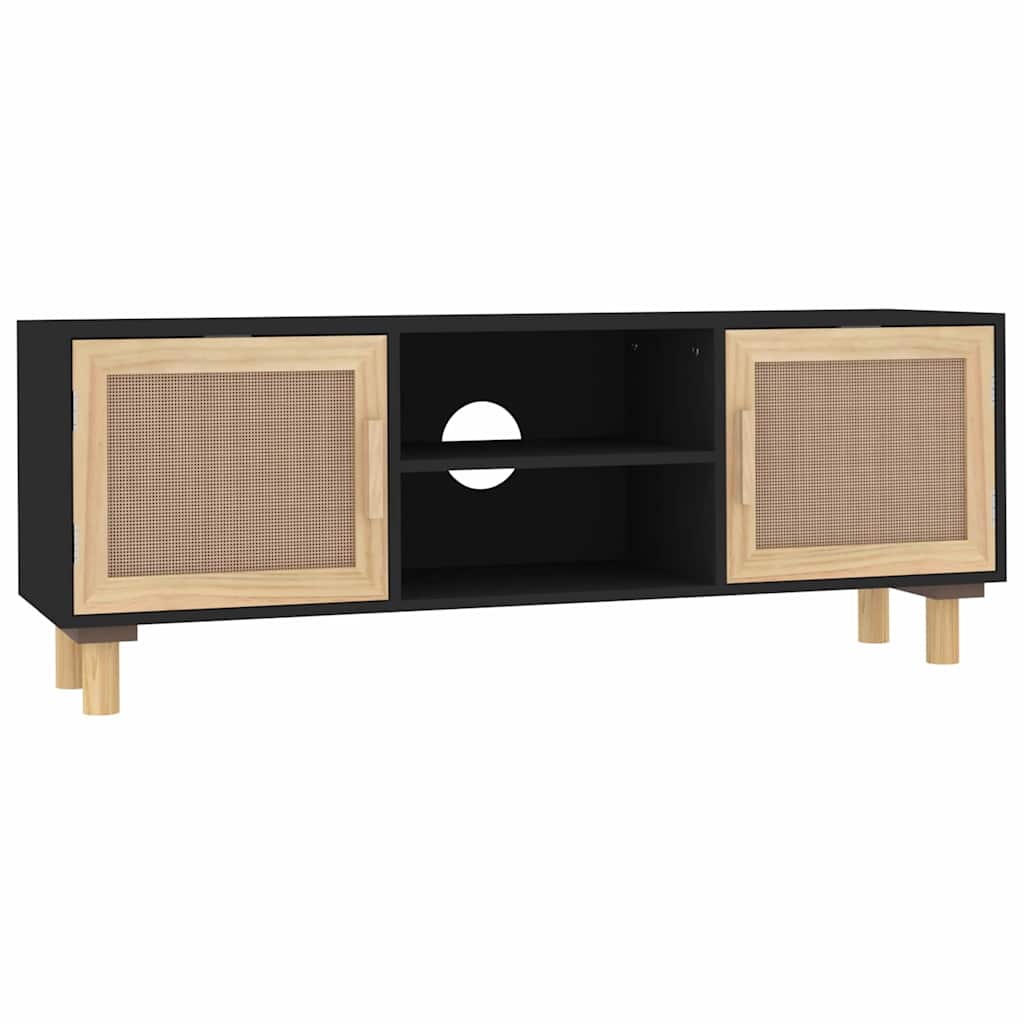 TV-Schrank Schwarz 105x30x40 cm Massivholz Kiefer Natur-Rattan