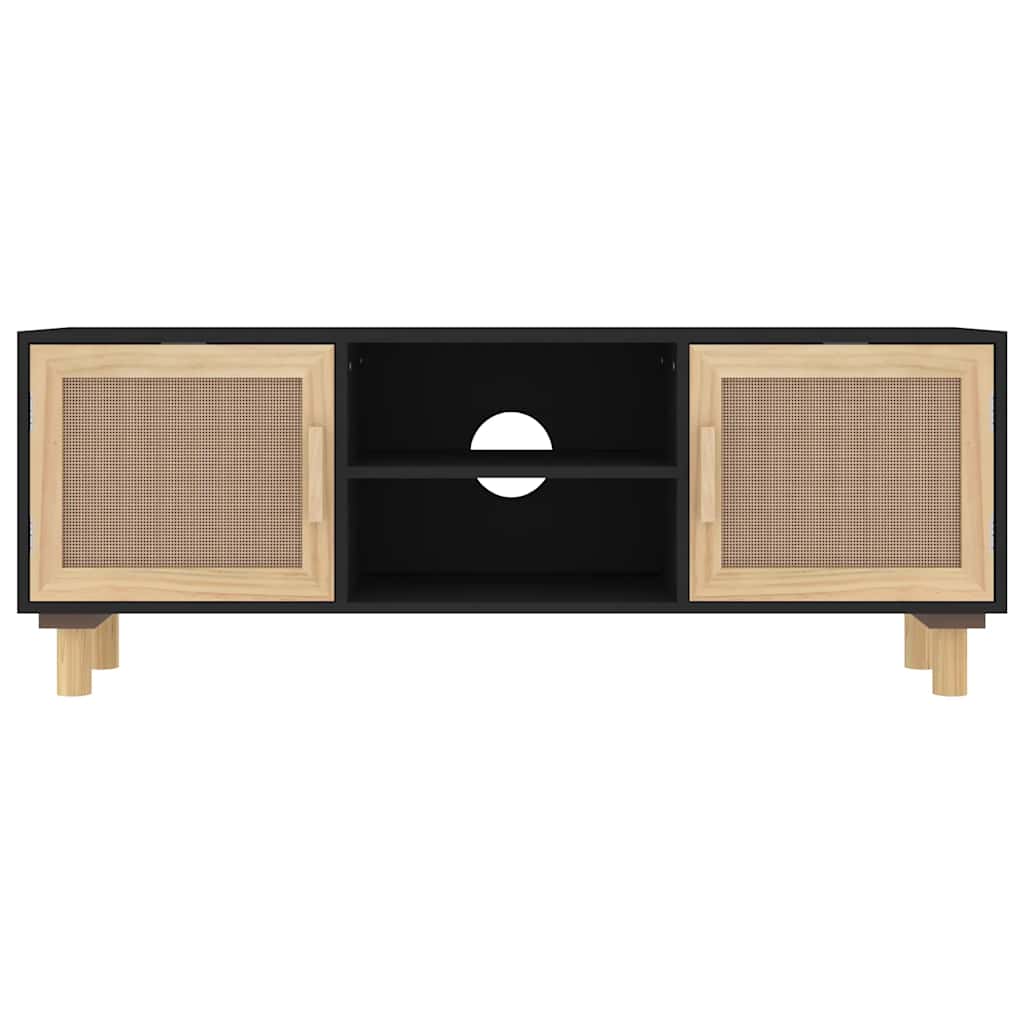 TV-Schrank Schwarz 105x30x40 cm Massivholz Kiefer Natur-Rattan