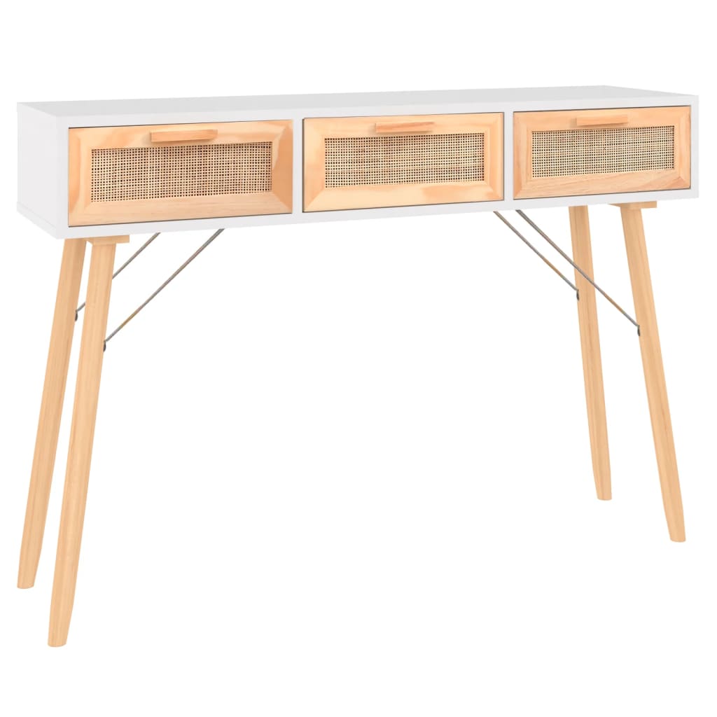 Konsolentisch Weiß 105x30x75 cm Massivholz Kiefer Natur-Rattan