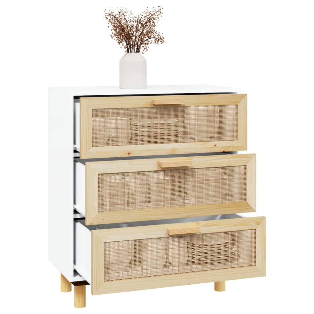 Sideboard Weiß 60x30x70 cm Massivholz Kiefer und Natur-Rattan