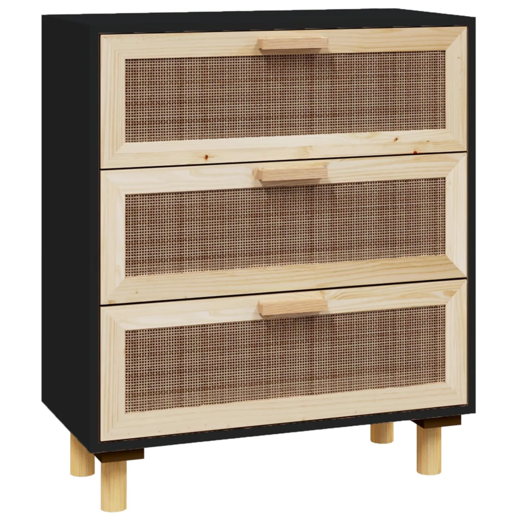 Sideboard Schwarz 60x30x70cm Massivholz Kiefer und Natur-Rattan