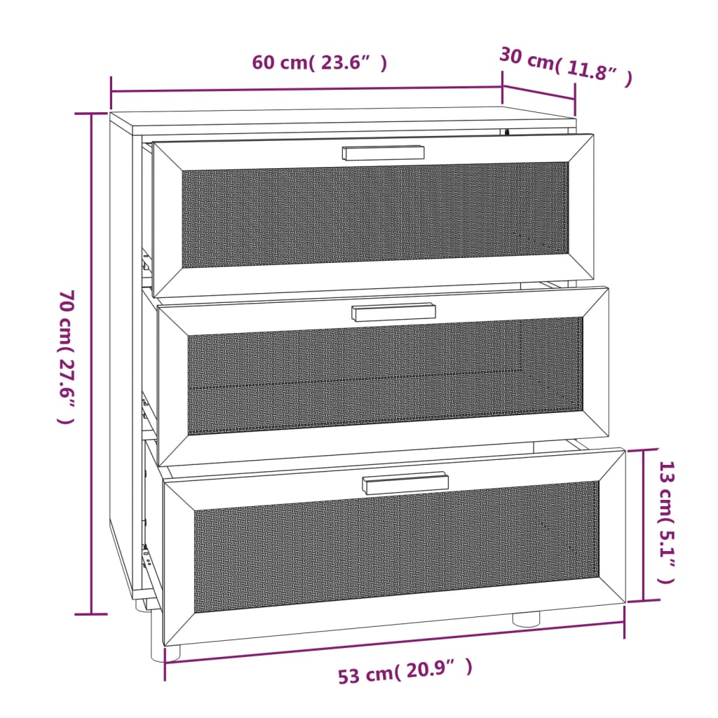 Sideboard Schwarz 60x30x70cm Massivholz Kiefer und Natur-Rattan