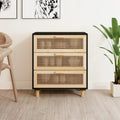 Sideboard Schwarz 60x30x70cm Massivholz Kiefer und Natur-Rattan