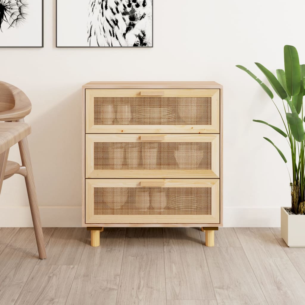 Sideboard Braun 60x30x70 cm Massivholz Kiefer und Natur-Rattan