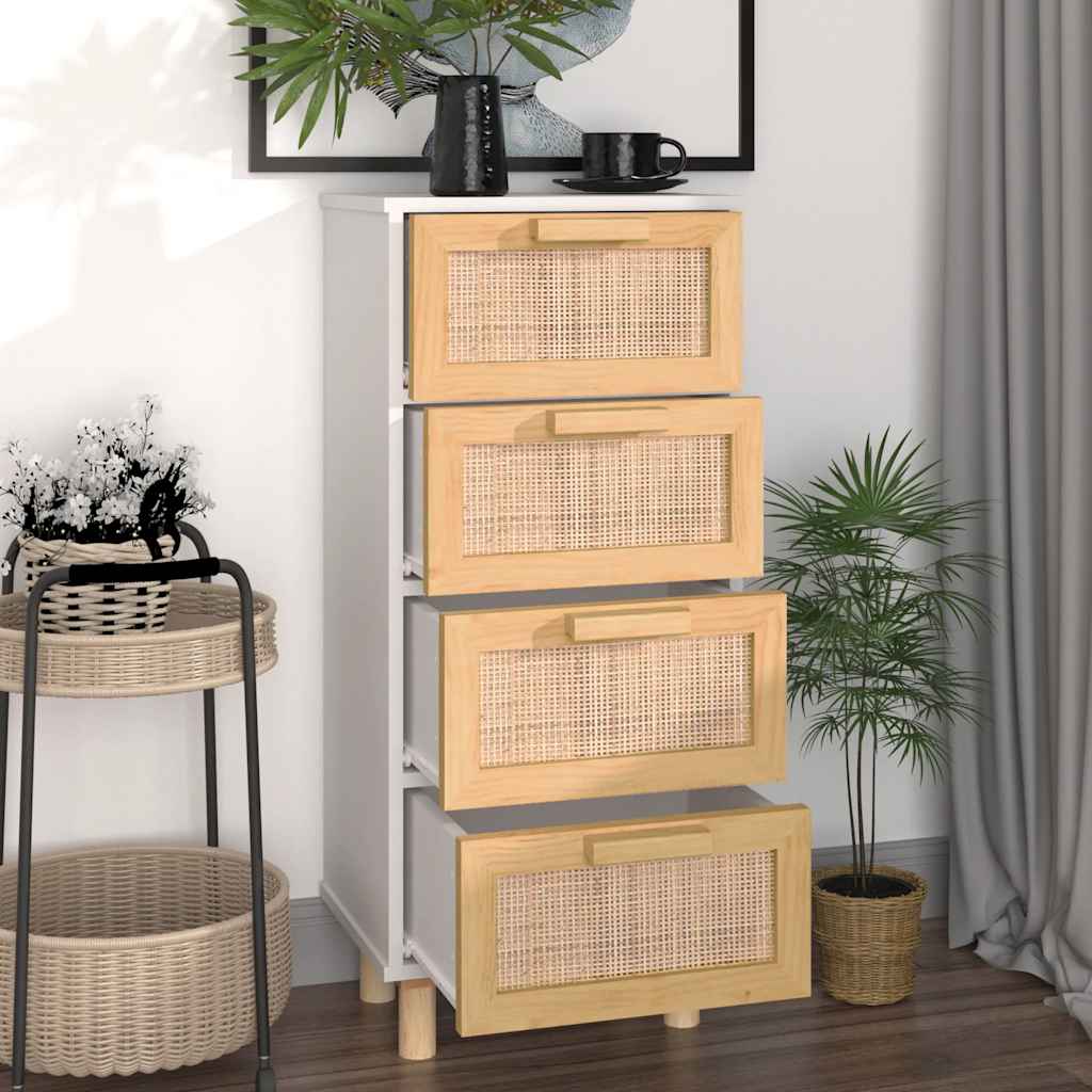 Sideboard Weiß 40x30x90 cm Massivholz Kiefer und Natur-Rattan