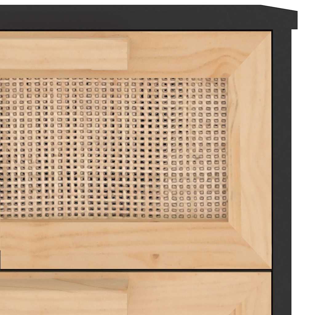 Sideboard Schwarz 40x30x90cm Massivholz Kiefer und Natur-Rattan