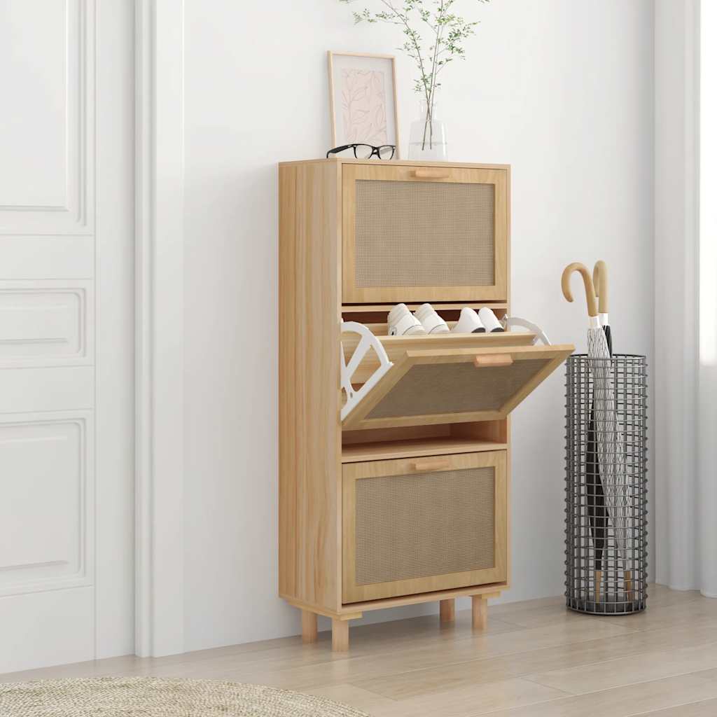 Schuhschrank Braun 52x25x115 cm Holzwerkstoff & Rattan Natur