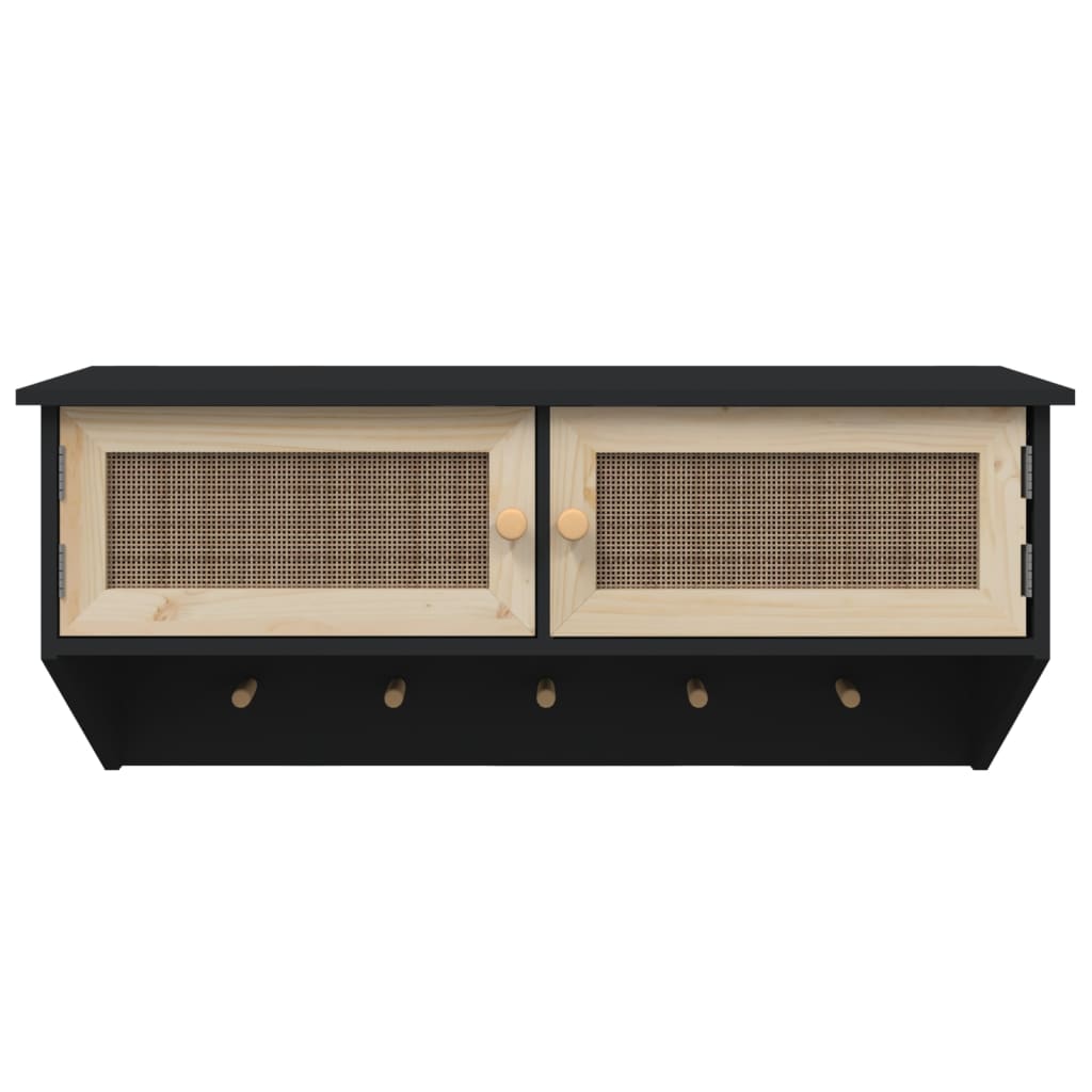 Wandgarderobe Schwarz Holzwerkstoff und Rattan Natur