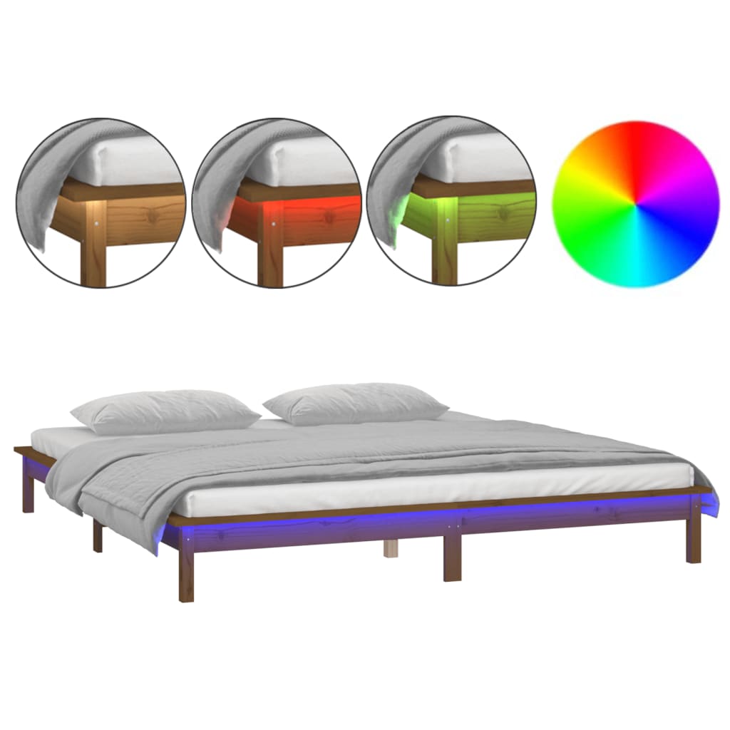Massivholzbett mit LED-Beleuchtung Honigbraun 200x200 cm