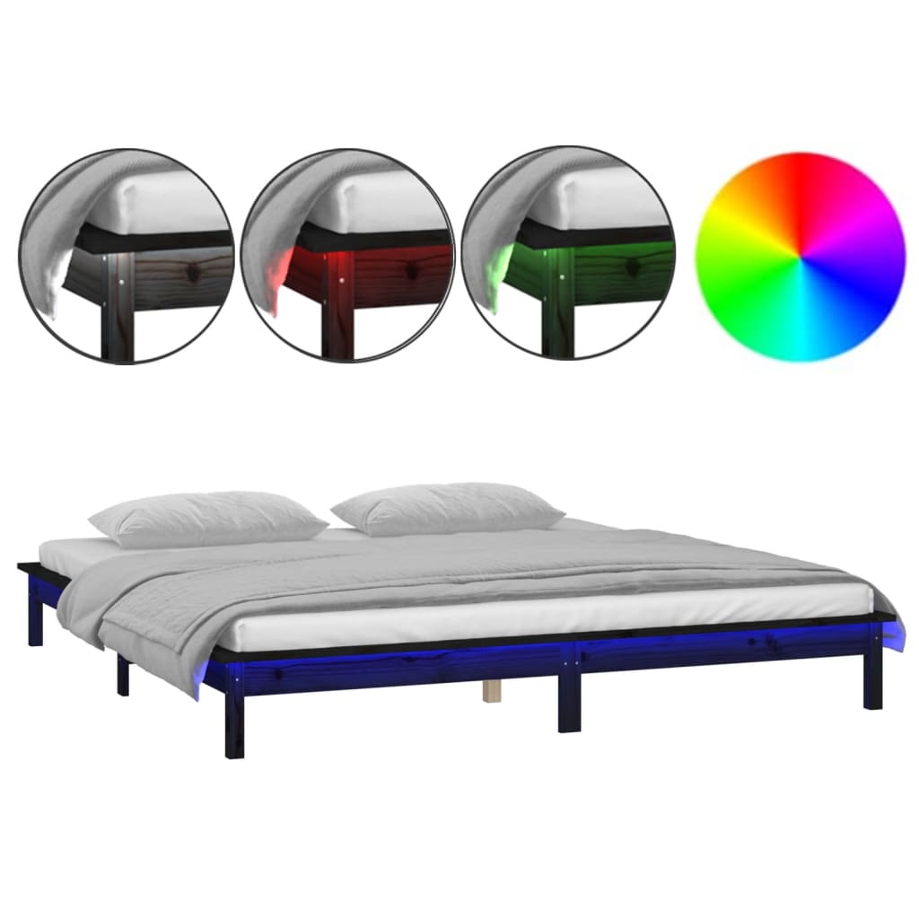 Massivholzbett mit LEDs Schwarz 135x190 cm