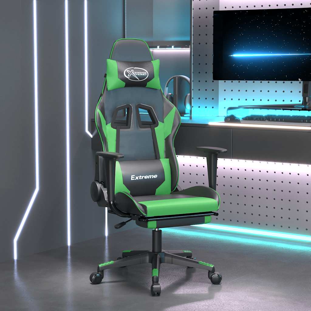 Gaming-Stuhl mit Massage & Fußstütze Schwarz & Grün Kunstleder