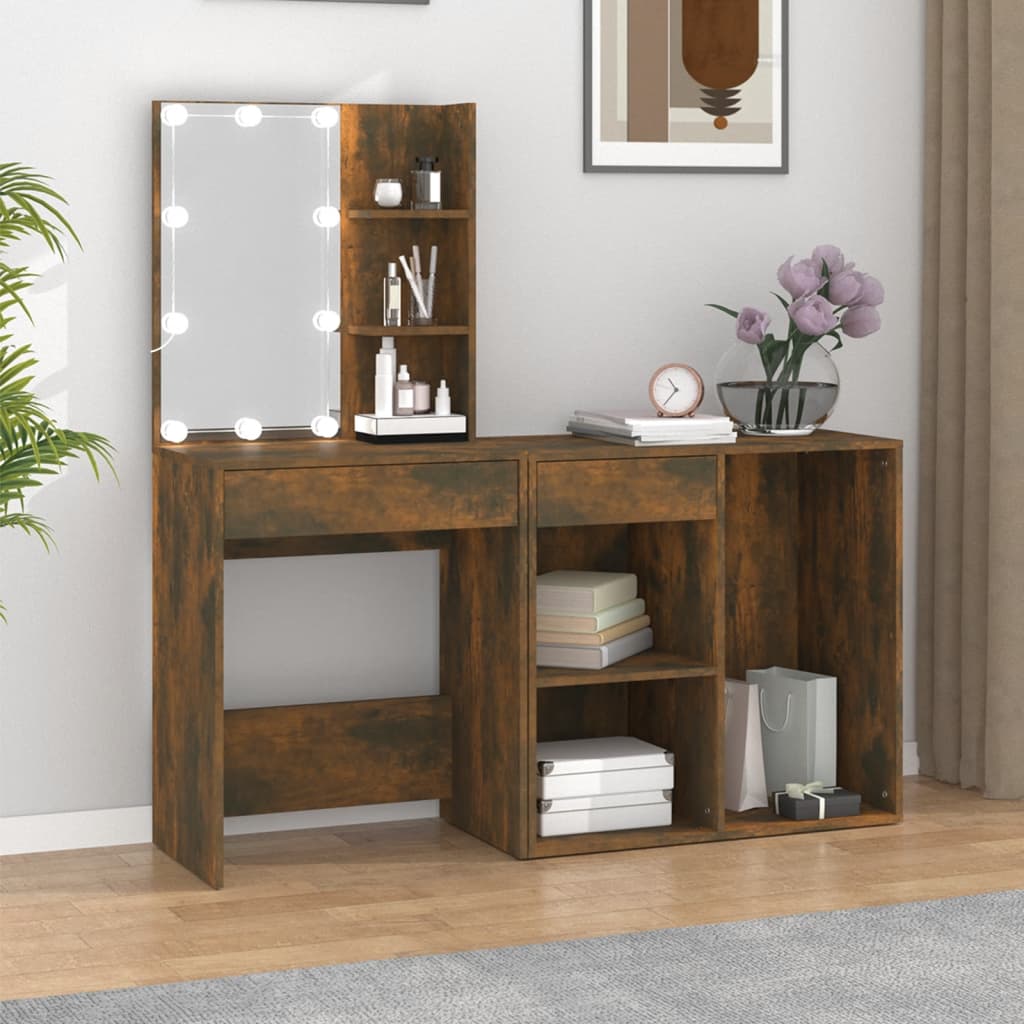 LED-Schminktisch mit Schrank Räuchereiche Holzwerkstoff