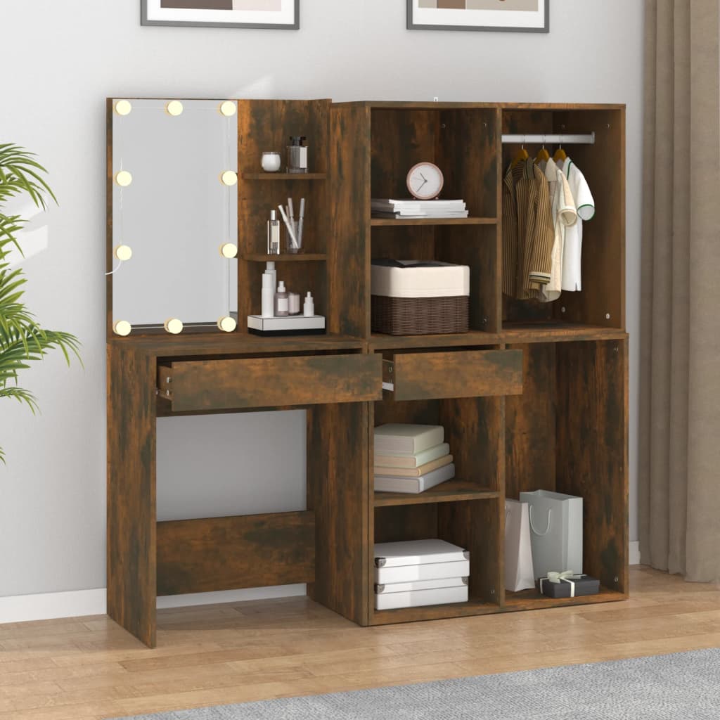 LED-Schminktisch mit Schränken Räuchereiche Holzwerkstoff