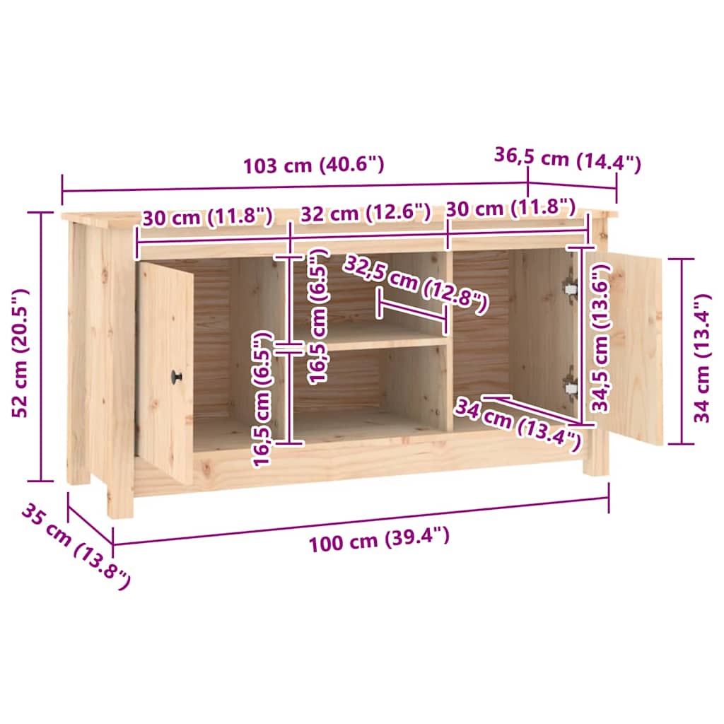 TV-Schrank 103x36,5x52 cm Massivholz Kiefer