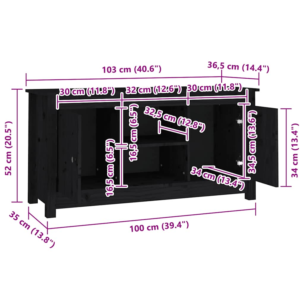 TV-Schrank Schwarz 103x36,5x52 cm Massivholz Kiefer