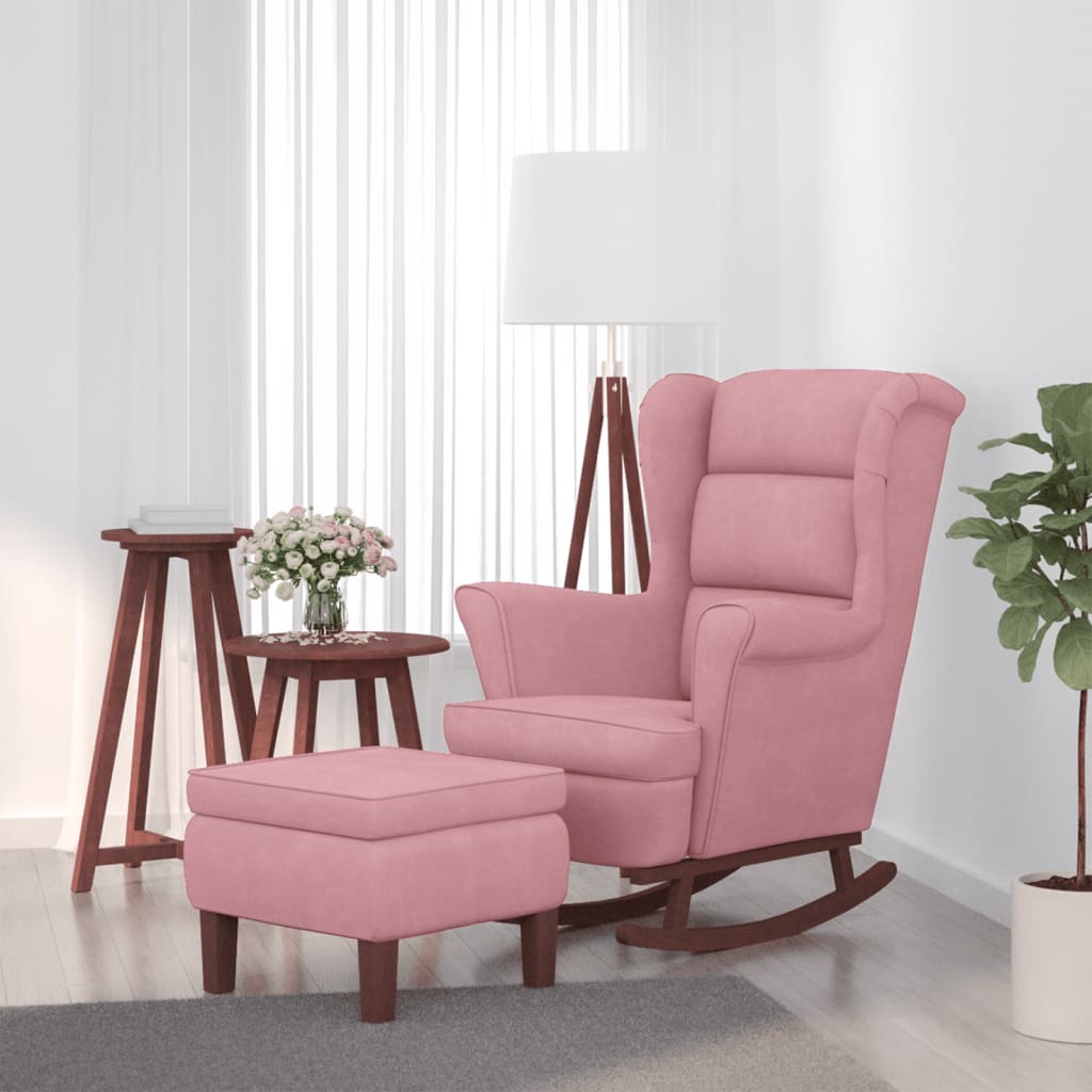 Schaukelstuhl Ohrensessel Rosa Samt und Massivholz