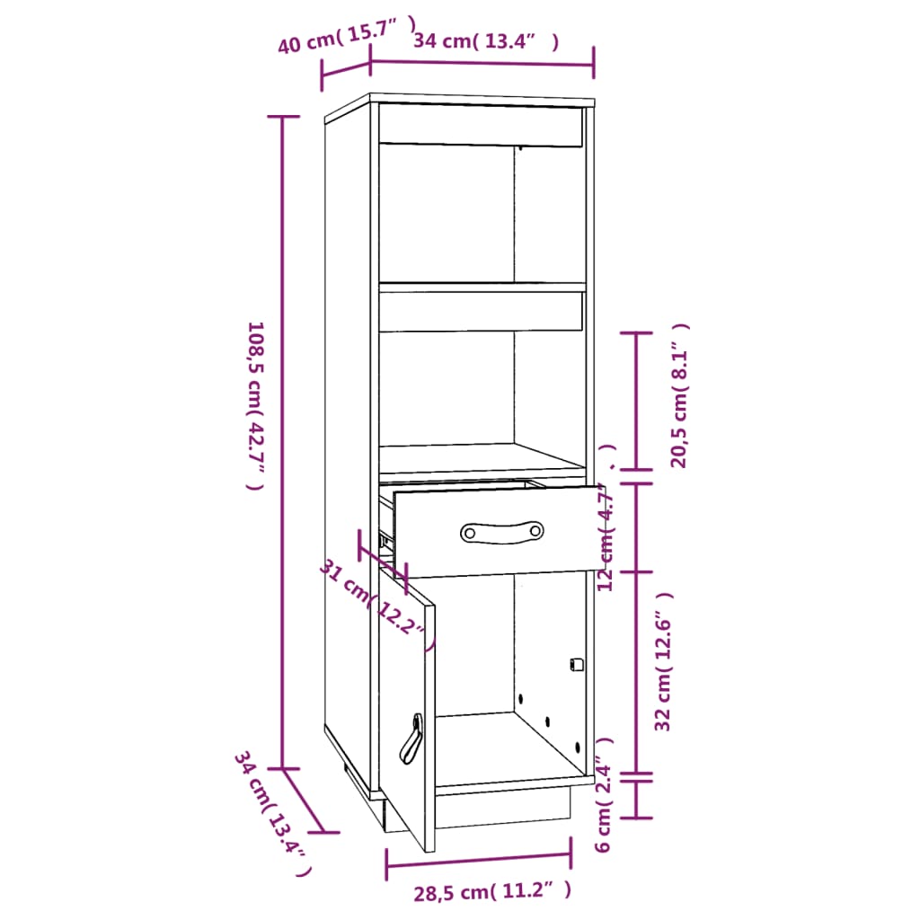 Highboard Weiß 34x40x108,5 cm Massivholz Kiefer