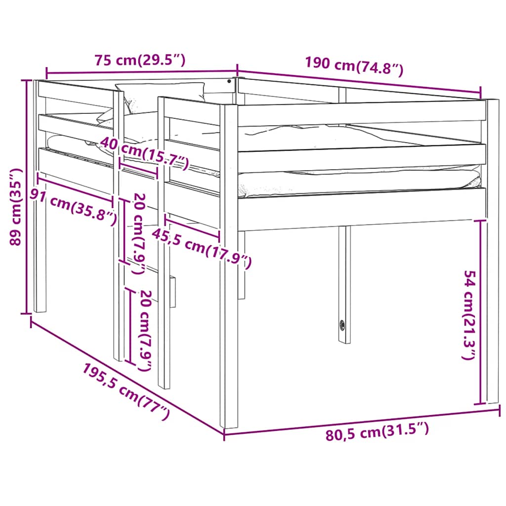 Hochbett 75x190 cm Massivholz Kiefer