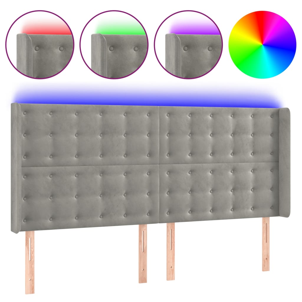 LED Kopfteil Hellgrau 183x16x118/128 cm Samt