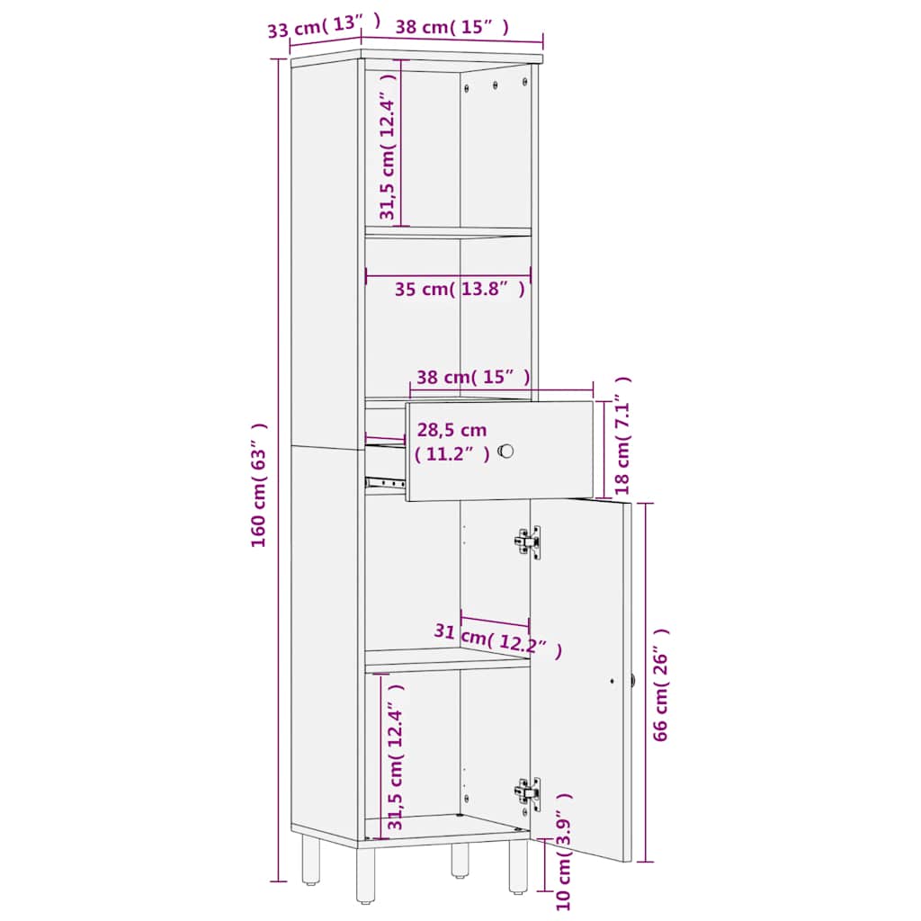 Badschrank Schwarz 38x33x160 cm Massivholz Mango