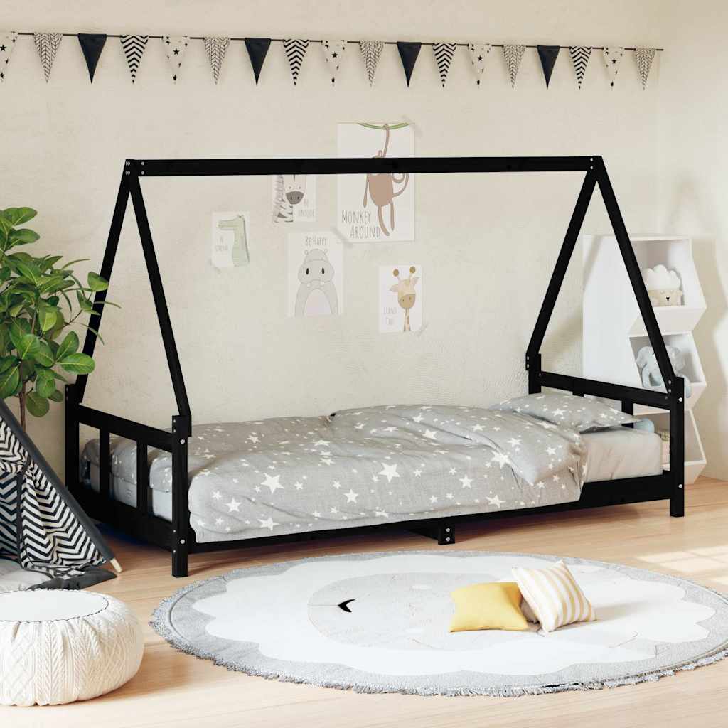 Kinderbett Schwarz 90x200 cm Massivholz Kiefer